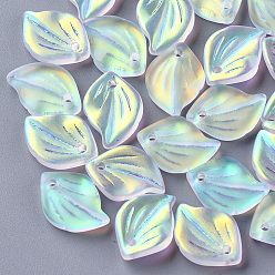 Clear AB Electroplate Glass Pendants, AB Color Plated, Frosted, Leaf, Clear AB, 16x11.5x3.5mm, Hole: 1.5mm