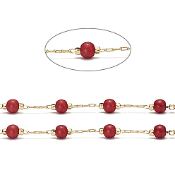 Red Handmade Brass Cable Chains, with Dyed Synthetic Turquoise Beads and Spool, Soldered, Long-Lasting Plated, Round, Real 18K Gold Plated, Red, 2x1x0.3mm, about 32.8 Feet(10m)/roll