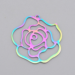 Rainbow Color Ионное покрытие (ip) 201 подвески из нержавеющей стали, лазерная резка, роза, на день Святого Валентина, Радуга цветов, 30x30.5x1 мм, отверстие : 1.5 мм