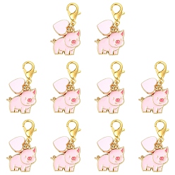 Pink 10Pcs 2 Styles Alloy Enamel Pendant Decorations, Pig, with Alloy Lobster Claw Clasps, Golden, Pink, 27~33mm, 5pcs/style