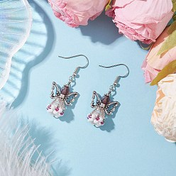 Темно-Красный Серьги-подвески из стеклянных бусин ручной работы в виде ангела для женщин, 304 нержавеющей стали серьги крюков, античное серебро, темно-красный, 44.5x18 мм