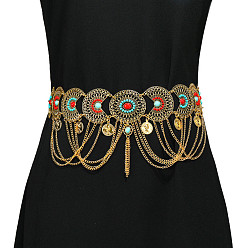 Плоский Круглый Богемный этнический стиль сплав паве красный и глубокий небесно-голубой синтетический бирюзовый кисточки поясные цепи, золотые, плоско-круглые, 900 мм