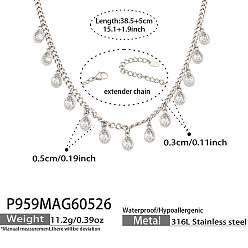 Clear 316L Surgical Stainless Steel Pave Cubic Zirconia Milti Teardrop Pendant Bib Necklaces for Women, Stainless Steel Color, Clear, 15.16 inch(38.5cm)