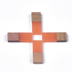 Coral Resin & Walnut Wood Pendants, Rectangle, Coral, 23x9x3.5mm, Hole: 1.8mm