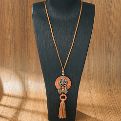 Красная Медь Богемский сплав и дерево плетеная паутина/сетка с перьями и листьями кисточка кулон шнур из искусственной кожи ожерелья для женщин, Красная медь, 15.75 дюйм (40 см)