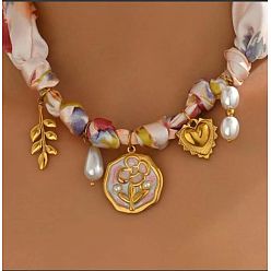 Плоский Круглый 304 Женские шарфы с подвеской из нержавеющей стали и эмалированным принтом, золотые, плоско-круглые, 18.50 дюйм (47 см), конец: 35x30 мм