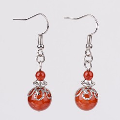 Красный Агат Природные сердолик бисера болтаться серьги, с  латунными крючками для серег, сплавочная и железная фурнитура, платина, 42 мм