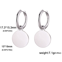 Плоский Круглый Серьги из 304 нержавеющей стали, цвет нержавеющей стали, плоско-круглые, 32.3x19 мм