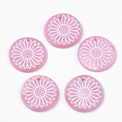 Pearl Pink Spray Paint Freshwater Shell Pendants, Printed, Flat Round with Daisy Flower, Pearl Pink, 19.5~20.5x2~3mm, Hole: 1.4~1.8mm