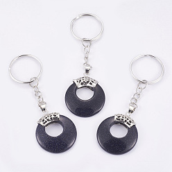 Синий Драгоценный Камень Брелок из синтетического голубого золотого камня, с металлизированными кольцами из платины и латунными находками, плоско-круглые, 84 мм