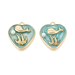 Кадет Синий Подвески из эмали, АБС-пластика и искусственного жемчуга с гальваническим покрытием., Сердце с подвесками в виде кита, золотые, без кадмия, без никеля и без свинца, кадетский синий, 25.5x23x4.5 мм, отверстие : 2 мм
