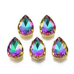 Средний Бирюзовый Шить на горный хрусталь, многожильных ссылки, стекло горный хрусталь, с позолотой 201 зубцы из нержавеющей стали, аксессуары для одежды, граненые, слеза, средне бирюзовый, 14x10x6 мм, отверстие : 1 мм