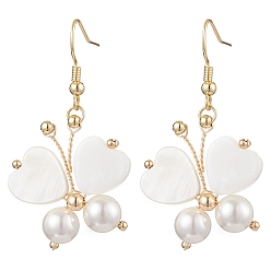 Золотой Латунь болтаться серьги, с ракушками и латунными бусинами, бабочка, золотые, 49x27 мм