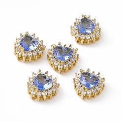 Васильковый Стойки обшивки латунь микро проложить кубического циркония бусы, со стеклом, реальный 18 k позолоченный, долговечный, без кадмия, без никеля и без свинца, сердце, васильковый, 10.5x10.5x6 мм, отверстие : 1.2~3.5x1.2~1.4 мм