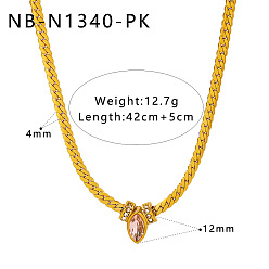 Pink 304 Подвеска из нержавеющей стали с инкрустацией кубическим цирконием в виде конского глаза, плоская цепочка-змейка для женщин, реальный 18 k позолоченный, розовые, 16.54 дюйм (42 см)