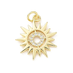 Настоящее золото 18K Латунные микропаве прозрачные подвески с фианитом, солнце, без свинца и без кадмия, долговечный, стойки покрытие, с целью перехода в кольце, реальный 18 k позолоченный, 20.5x18x1.5 мм, отверстие : 3 мм