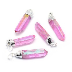 Фиолетовый Кулон с гранями из натурального кварца, с латунной найти, с покрытием AB цвета, пуля, серебряный цвет гальваническим, фиолетовые, 42~49x10~13x8~11 мм, отверстие : 5x8 мм