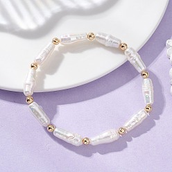 Белый Натуральные барочные жемчужные браслеты кеши и латунные бусины на эластичной основе для женщин, рис, реальный 18 k позолоченный, белые, внутренний диаметр: 2.13 дюйм (5.4 см)