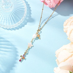 Золотой Подвеска-крест из натурального пресноводного жемчуга, пресноводной ракушки, звезды и латунного паве из разноцветных кубических цирконий 304 ожерелья из нержавеющей стали с цепочкой и тросом, золотые, 17.56 дюйм (44.6 см)