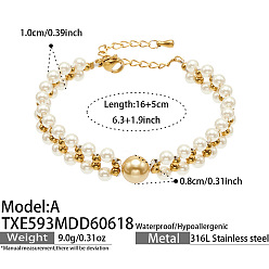Golden White Shell Pearl 316L Surgical Stainless Steel Woven Beaded Bracelets for Women, Round, Golden, 6.30 inch(16cm)