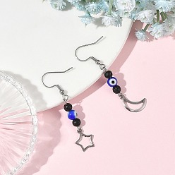 Stainless Steel Color Handmade Evil Eye Lampwork and Natural Lava Rock Dangle Earrings, 304 Stainless Steel Dangle Earrings, Stainless Steel Color, 50.5~53x9~10.5mm