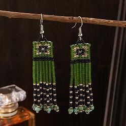 Зеленый Серьги-люстры ручной работы в богемном стиле из стеклянного бисера., квадратные серьги с кисточками, зелёные, 75x25 мм