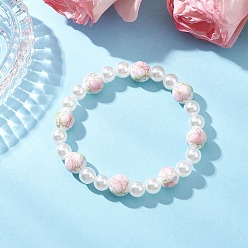 Белый АБС-пластик имитация жемчуга круглые бусины эластичные браслеты для женщин, с фарфоровыми керамическими бусинами ручной работы с цветочным принтом, белые, внутренний диаметр: 2 дюйм (5.15 см)