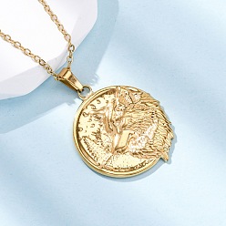 Настоящее золото 18K Плоские круглые с волком 304 ожерелья из нержавеющей стали с подвеской, ионное покрытие (ip), реальный 18 k позолоченный, 17.95 дюйм (45.6 см)