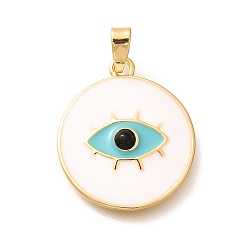 Белый Латунь эмаль подвески, реальный 18 k позолоченный, стойки покрытие, без свинца и без кадмия, долговечный, плоский круглый с шармом в виде глаз, белые, 20.5x18x3 мм, отверстие : 5x2.5 мм