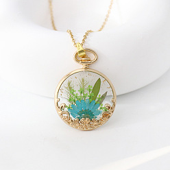 Темно-бирюзовый Кулоны-подвески из сплава и смолы в виде засушенных цветов, плоско-круглые, золотые, темные бирюзовый, 17.72 дюйм (45 см)