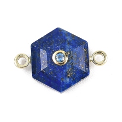 Ляпис-Лазурь Звенья из натурального лазурита с огранкой, шестиугольник с латунной микропаве, прозрачными кубическими циркониями и латунной фурнитурой., золотые, стойки покрытие, 17x27x8 мм, отверстие : 2 мм
