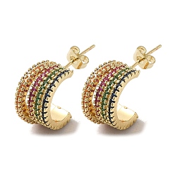 Colorful Golden Brass Micro Pave Cubic Zirconia Stud Earrings, Split Earrings, Colorful, 14x9mm