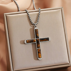 Тигровый глаз 304 Подвеска в виде креста из нержавеющей стали с натуральным тигровым глазом, религиозная подвеска., цвет нержавеющей стали, 21.65 дюйм (55 см)