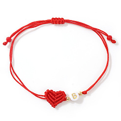 Letter B Браслеты из плетеных бусин из латуни и смолы, Регулируемые браслеты из волоконного шнура в форме сердца для женщин, плоские круглые с буквы, В письме, 11.02 дюйм (28 см)