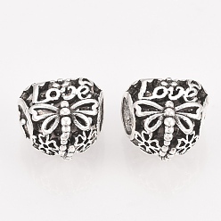 Antique Silver Alloy European Beads, Large Hole Beads, Hollow, Heart with Dragonfly, Antique Silver, 11.5x12x9mm, Hole: 5mm