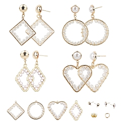 Real 18K Gold Plated DIY Dangle Earring Making Kits, with ABS Plastic Imitation Pearl Pendants, Brass Stud Earring Findings, Mixed Shape, Real 18K Gold Plated, Pendants: 8pcs/box