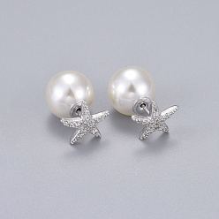 Платинированный Серьги-гвоздики из латунного микро-паве, с акриловой имитация жемчуга, долговечный, звезда, Реальная платина, 11.5x12 мм, штифты : 0.7 мм