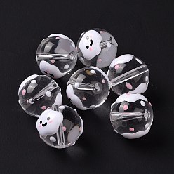 Cloud Transparent Glass Beads, with Enamel, Round, White, Cloud Pattern, 14~15x13~13.5mm, Hole: 1.5~1.6mm
