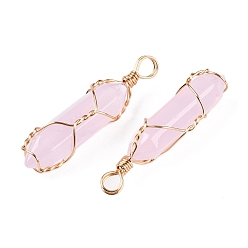 Бледно-Розовый Подвески lampwork, формы пуль, обмотанных медной проволокой, граненые, золотые, розовый жемчуг, 43x10.5x11.5 мм, отверстие : 4~5x5.5 мм