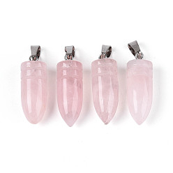 Розовый Кварц Природного розового кварца подвески, пулевые чары, с защелкой из нержавеющей стали на поручнях, цвет нержавеющей стали, 28~30x10~10.5 мм, отверстие : 7.5x3.5 мм