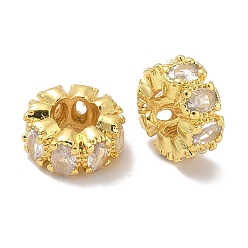 Настоящее золото 18K Реечное покрытие латунь микро паве прозрачный кубический цирконий европейские бусины, бусины с большим отверстием, долговечный, без свинца и без кадмия, плоско-круглые, реальный 18 k позолоченный, 8x4 мм, отверстие : 4 мм