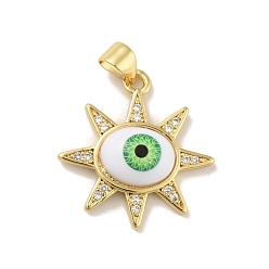 Verde Micro latón allanan colgantes cúbicos del zirconia, con acrílico, sin plomo y cadmio, larga duración plateado, real 18 k chapado en oro, sol con mal de ojo, verde, 21x21.5x5 mm, agujero: 4x3.5 mm