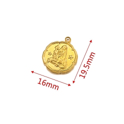 Virgo 304 Stainless Steel Pendant, Golden, Flat Round with Constellation Charm, Virgo, 19.5x16mm