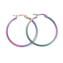 Rainbow Color 304 Stainless Steel Big Hoop Earrings, Hypoallergenic Earrings, Ring Shape, Rainbow Color, 35~36x2mm, 12 Gauge, Pin: 0.7x1mm