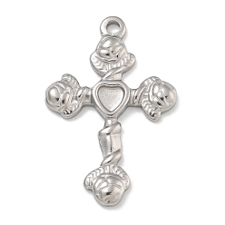 Нержавеющая Сталь Цвет 304 настройки подвесных кабошонов из нержавеющей стали, крестик с розой, цвет нержавеющей стали, лоток : 3x4 мм, 31x20.5x2.5 мм, отверстие : 2 мм