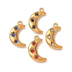 Mixed Color 304 Stainless Steel with Rhinestone Pendants, Moon Charms, Ion Plating(IP), Golden, Mixed Color, 16x9x3mm, Hole: 1.2mm