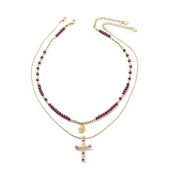 Golden 2Pcs 2 Style Cubic Zirconia Cross & Moon Pendant Necklaces Set with Natural Garnet Beaded, Gemstone Jewelry for Women, Golden, 16.26~17.8 inch(41.3~45.2cm), 1Pc/style