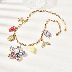 Золотой Подвеска в форме рыбы с напечатанной натуральной ракушкой каури, разноцветным цветком и керамической ракушкой 304 Женские цепочные ожерелья из нержавеющей стали, красочный, золотые, 15.55 дюйм (39.5 см)