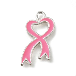Awareness Ribbon Розовая лента осведомленности о раке молочной железы, подвески из сплава с эмалью, серебряные, осведомленности ленты, 24x15x1.5 мм, отверстие : 2 мм