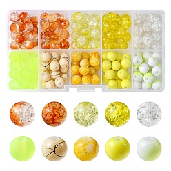 Yellow 200Pcs 10 Style Mixed Style Glass Beads Strands, for Beading Jewelry Making, Round, Yellow, 8~9mm, Hole: 1.3~1.6mm, 20Pcs/style